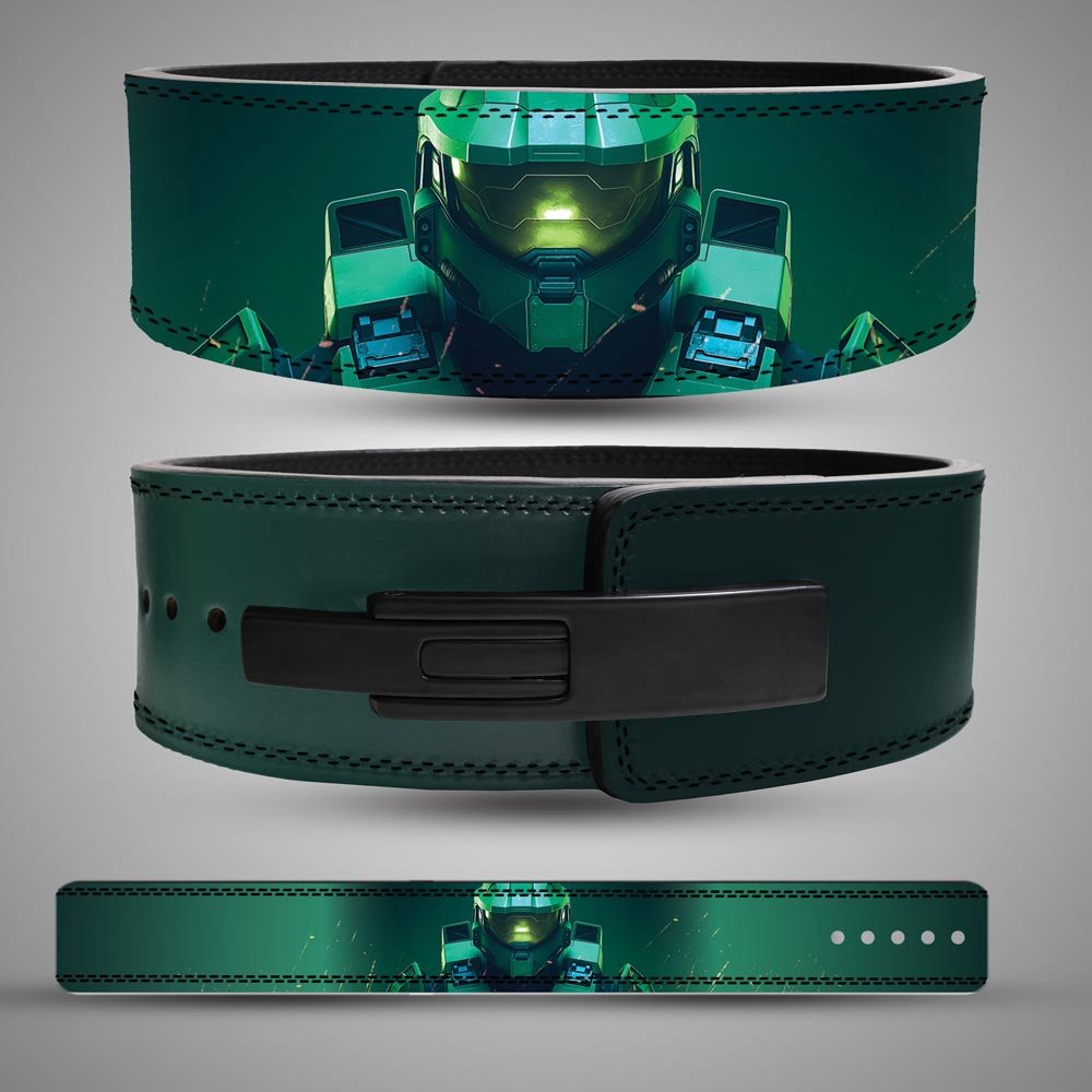 master-chief-weightlifting-belt Three views of a Master Chief weightlifting belt showing green armor artwork, a black lever buckle and the full strap