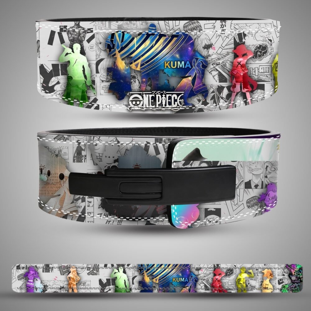 One Piece Manga Collage weightlifting lever belt, front back showing white, black and multicolor artwork and a black lever closure