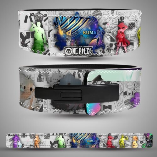 One Piece Manga Collage weightlifting lever belt, front back showing white, black and multicolor artwork and a black lever closure