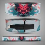 Three views of an Oni mask weightlifting belt with red and teal artwork, a pale blue background, a black lever buckle and the full strap