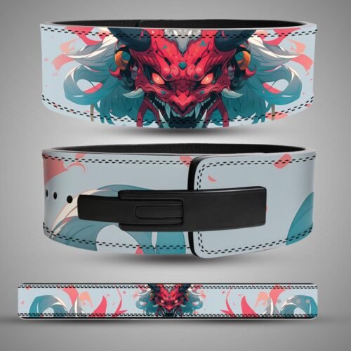 Three views of an Oni mask weightlifting belt with red and teal artwork, a pale blue background, a black lever buckle and the full strap