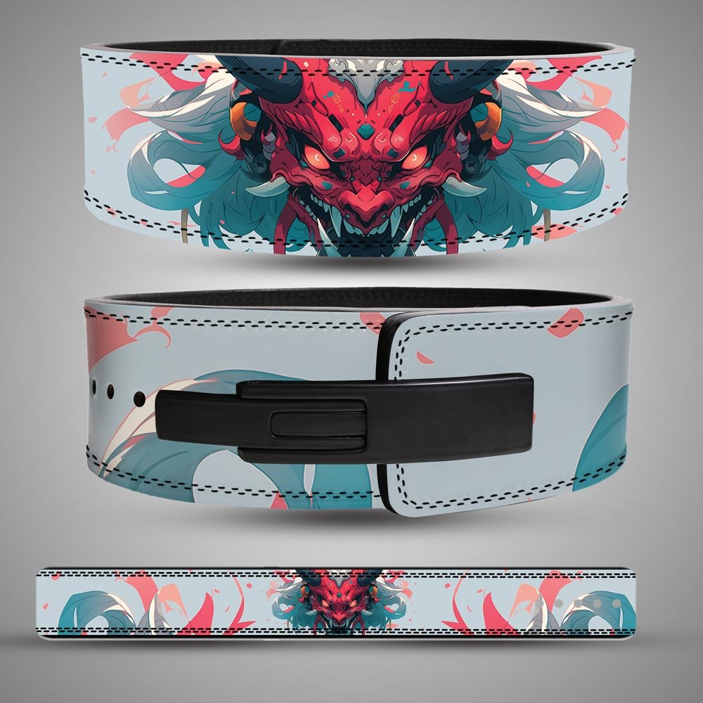 oni-mask-weightlifting-belt Three views of an Oni mask weightlifting belt with red and teal artwork, a pale blue background, a black lever buckle and the full strap