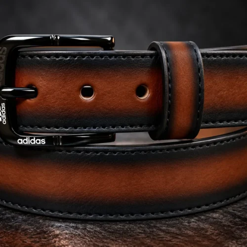 Burnished Brown pant belt with black buckle and stitched edges