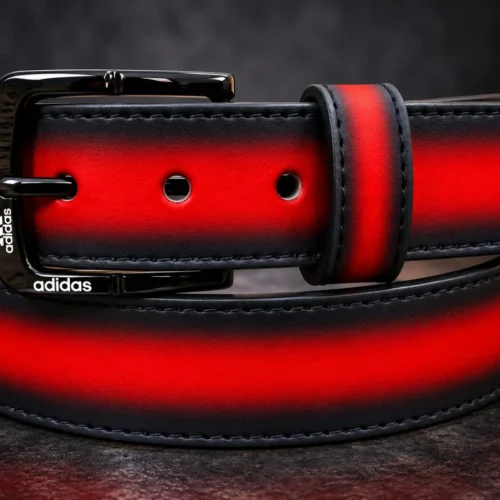 Crimson Red pant belt with black buckle and stitched edges