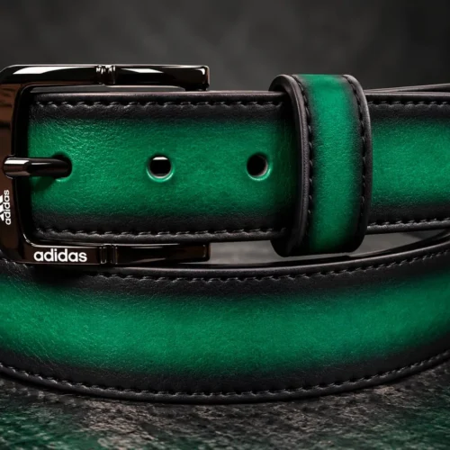 Emerald Green pant belt with black buckle and stitched edges