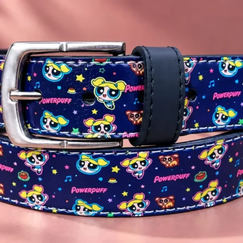 Navy Powerpuff Girls leather pant belt with character print and silver-tone buckle, coiled view