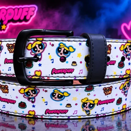 White Powerpuff Girls leather pant belt with character print and black buckle, coiled view