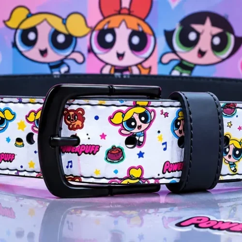 White Powerpuff Girls leather pant belt with character print and black buckle, front view