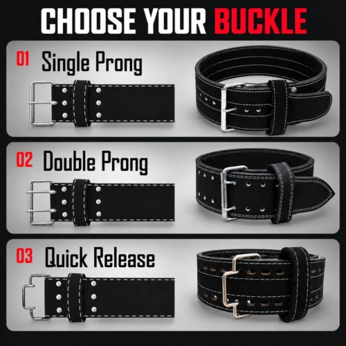 Weightlifting belt buckle comparison showing single-prong, double-prong and quick-release buckles on black leather belts