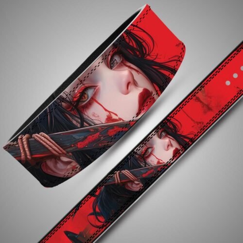 Angled close-up and flat strap view of a lifting belt with a dark-haired swordswoman and diagonal blade artwork