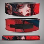 Three views of a samurai warrior weightlifting belt showing a swordswoman portrait, red background, black lever buckle and full strap