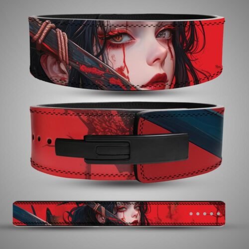 Three views of a samurai warrior weightlifting belt showing a swordswoman portrait, red background, black lever buckle and full strap