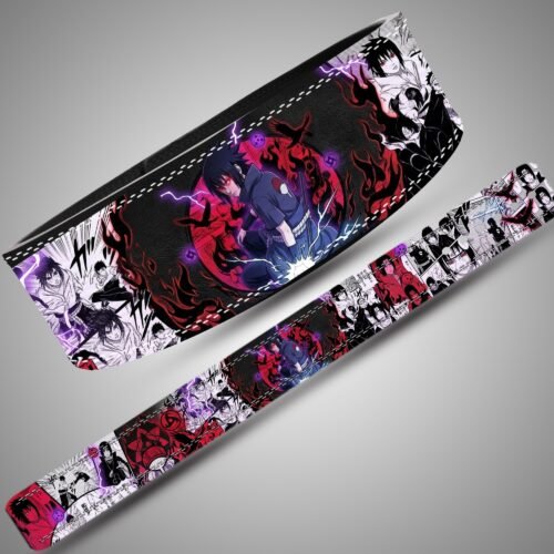 Angled views of the Sasuke Uchiha Sharingan lifting belt artwork