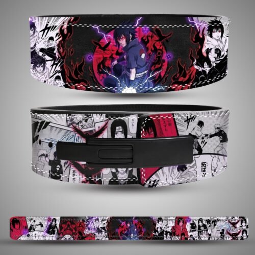 Sasuke Uchiha Sharingan weightlifting belt showing the rear artwork, lever closure and full strap layout