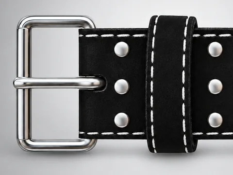 Single-prong buckle on a black leather weightlifting belt