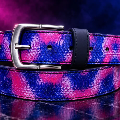 Pink and purple snakeskin-print leather pant belt with silver-tone buckle, coiled view