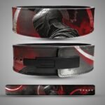 Three views of a red-and-black Spartan helmet weightlifting belt showing back artwork, black lever buckle and full strap