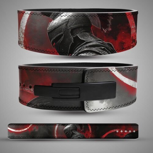 Three views of a red-and-black Spartan helmet weightlifting belt showing back artwork, black lever buckle and full strap