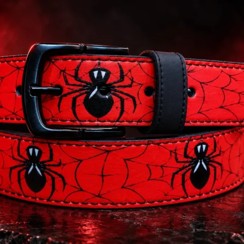 Red spider web leather pant belt with black buckle, coiled view