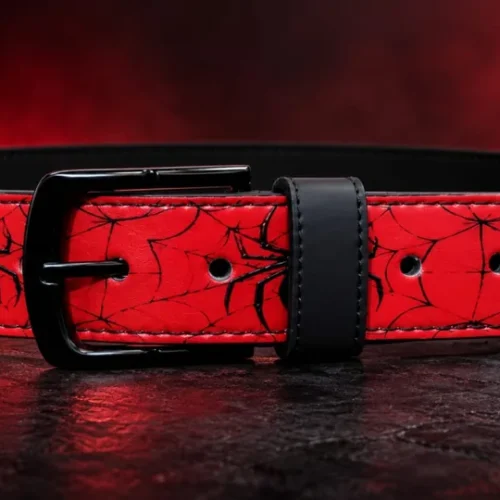 Red spider web leather pant belt with black buckle, front view