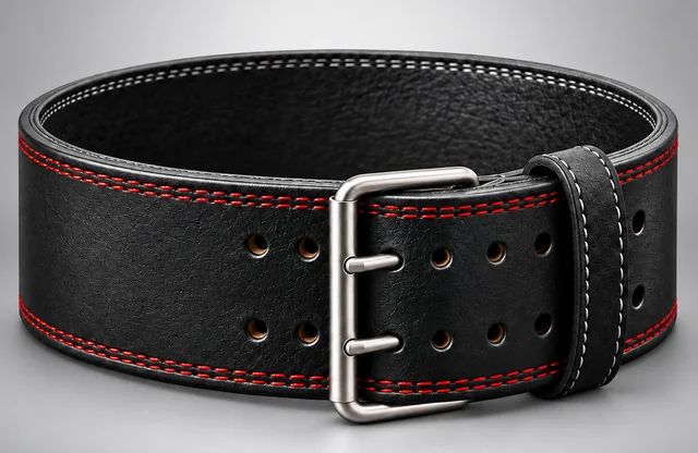 Straight black leather powerlifting belt with uniform width and red stitching