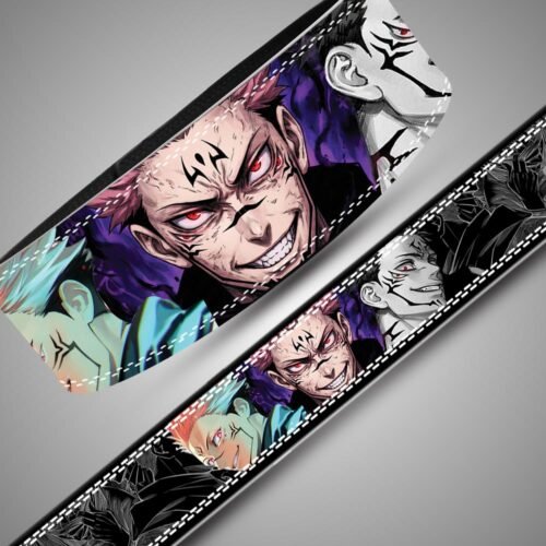 Angled views of the Sukuna weightlifting belt showing red eyes, purple artwork, black-and-white manga panels and white stitching.