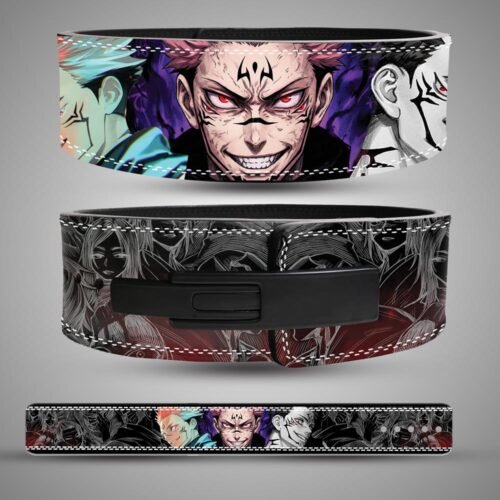 Sukuna weightlifting belt with purple character artwork and monochrome manga panels, showing the back, black lever buckle and full strap.