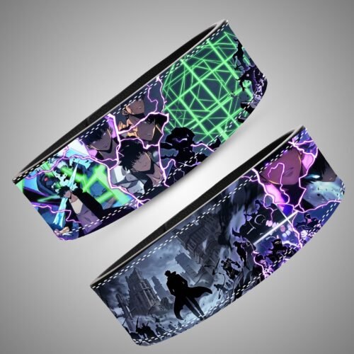 Angled views of the Sung Jinwoo Dungeon Gate lifting belt artwork