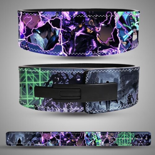 Sung Jinwoo Dungeon Gate weightlifting belt showing the rear artwork, lever closure and full strap layout