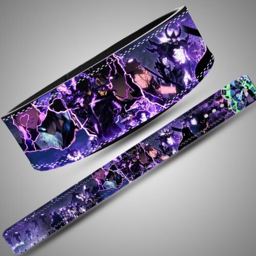 Angled views of the Sung Jinwoo Shadow Army lifting belt artwork