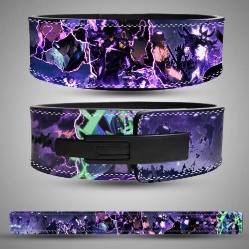Sung Jinwoo Shadow Army weightlifting belt showing the rear artwork, lever closure and full strap layout