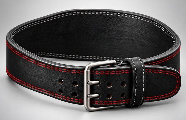 Tapered black leather weightlifting belt with a wider back and red stitching