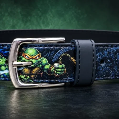 TMNT leather pant belt with Teenage Mutant Ninja Turtles artwork and silver-tone buckle, front view