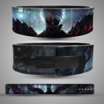 Tokyo Ghoul weightlifting belt showing the back Kaneki artwork with red and black kagune, the front with a black lever buckle, and the full flat layout.