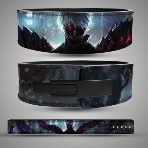 Tokyo Ghoul weightlifting belt showing the back Kaneki artwork with red and black kagune, the front with a black lever buckle, and the full flat layout.