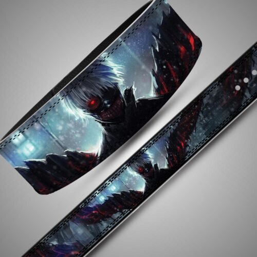 Tokyo Ghoul weightlifting belt featuring Ken Kaneki with a glowing red eye, grinning mask, and dark double stitching.
