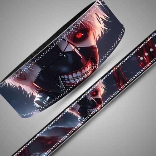 Angled close-up of a Tokyo Ghoul weightlifting belt featuring Ken Kaneki's zipper mask and red eye, with white double stitching.