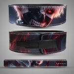 Composite view of a Tokyo Ghoul weightlifting belt showing the back portrait of Ken Kaneki, the front with a black lever buckle, and the full flat design.