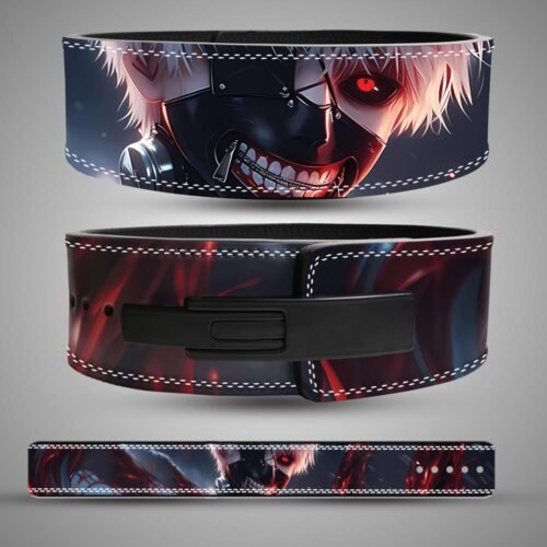 Composite view of a Tokyo Ghoul weightlifting belt showing the back portrait of Ken Kaneki, the front with a black lever buckle, and the full flat design.
