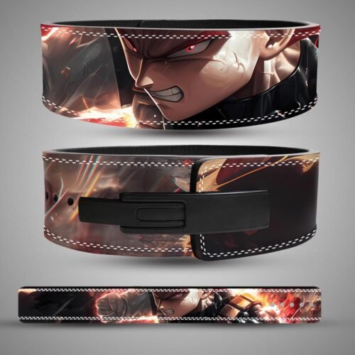 Vegeta weightlifting belt with red-orange artwork, shown from the back, front, and as a flat strap
