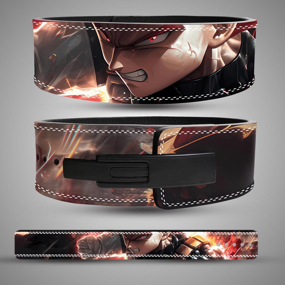 vegeta-red-strike-weightlifting-belt-views Vegeta weightlifting belt with red-orange artwork, shown from the back, front, and as a flat strap