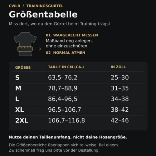 CWLB Größentabelle für Gewichthebergürtel: Taillenumfang in Zentimetern und Zoll für die Größen S bis 2XL.