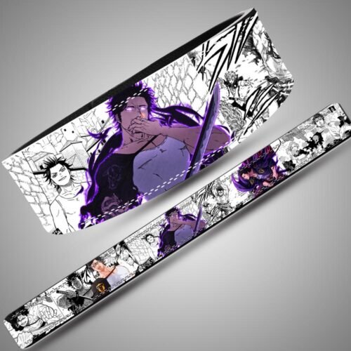Two angled views of a Yami Sukehiro lifting belt showing colored portraits, purple sword artwork and Black Bulls emblems