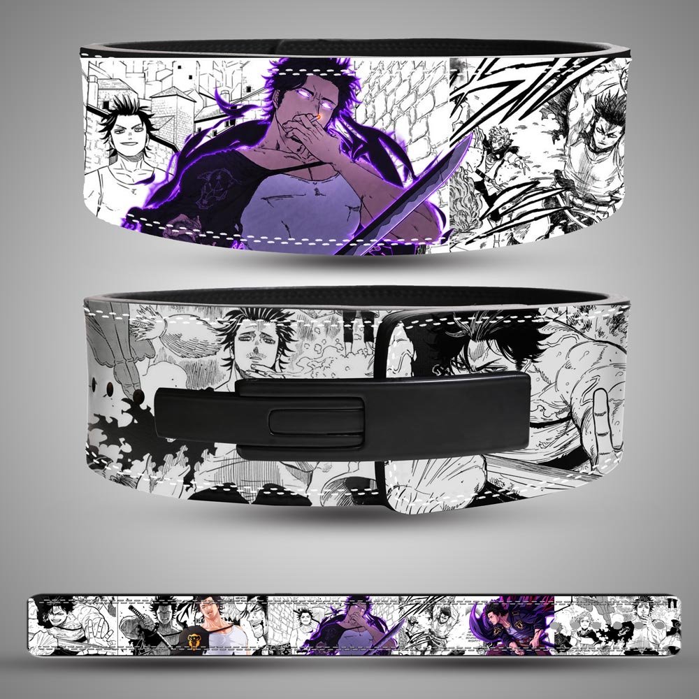 yami-sukehiro-weightlifting-belt-purple-manga Three views of a Yami Sukehiro weightlifting belt showing purple artwork, black-and-white manga panels, a black lever buckle and the full strap