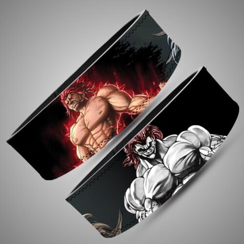 Angled views of the Yujiro Hanma Ogre Portrait lifting belt with a red-lit figure, monochrome character artwork and dark background