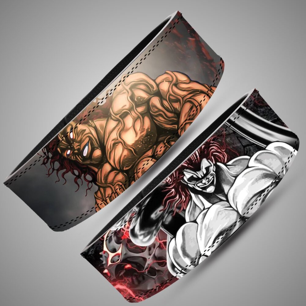 Angled views of the Yujiro Hanma Red Lightning lifting belt with monochrome character panels, red lightning and orange muscle artwork