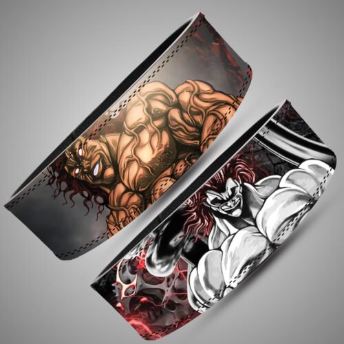 Angled views of the Yujiro Hanma Red Lightning lifting belt with monochrome character panels, red lightning and orange muscle artwork