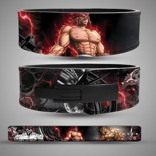 Yujiro Hanma Red Lightning weightlifting belt showing the rear portrait, black lever closure and full red-and-black strap design