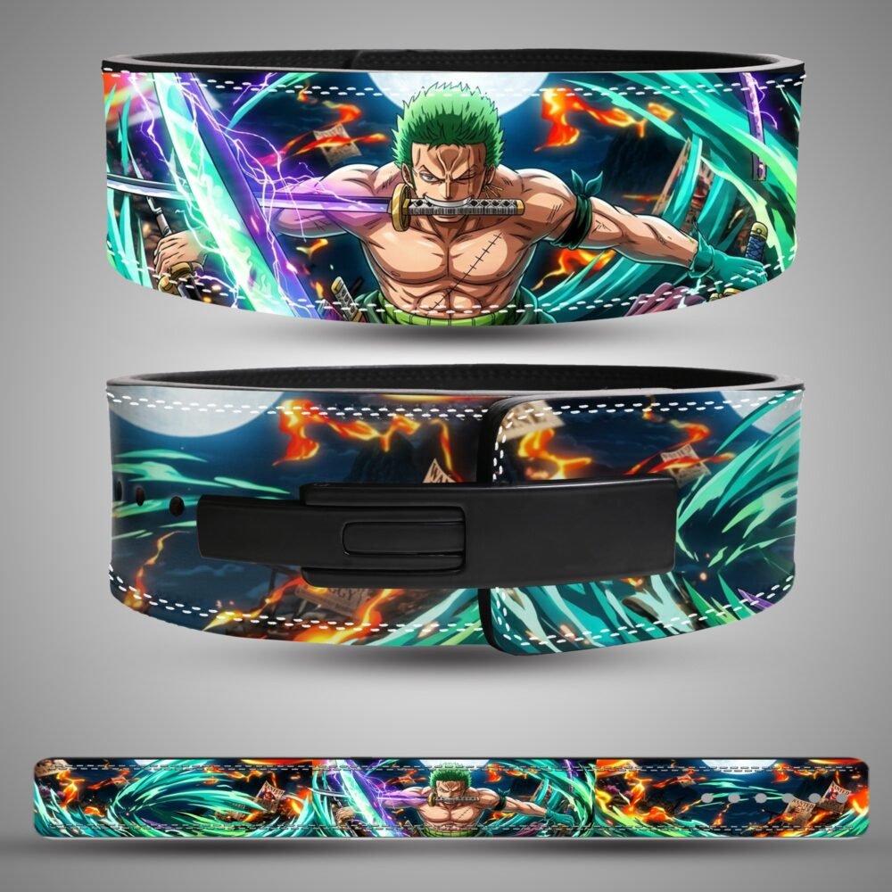 Zoro Green Sword Aura weightlifting lever belt, front back showing green, blue, orange and black artwork and a black lever closure